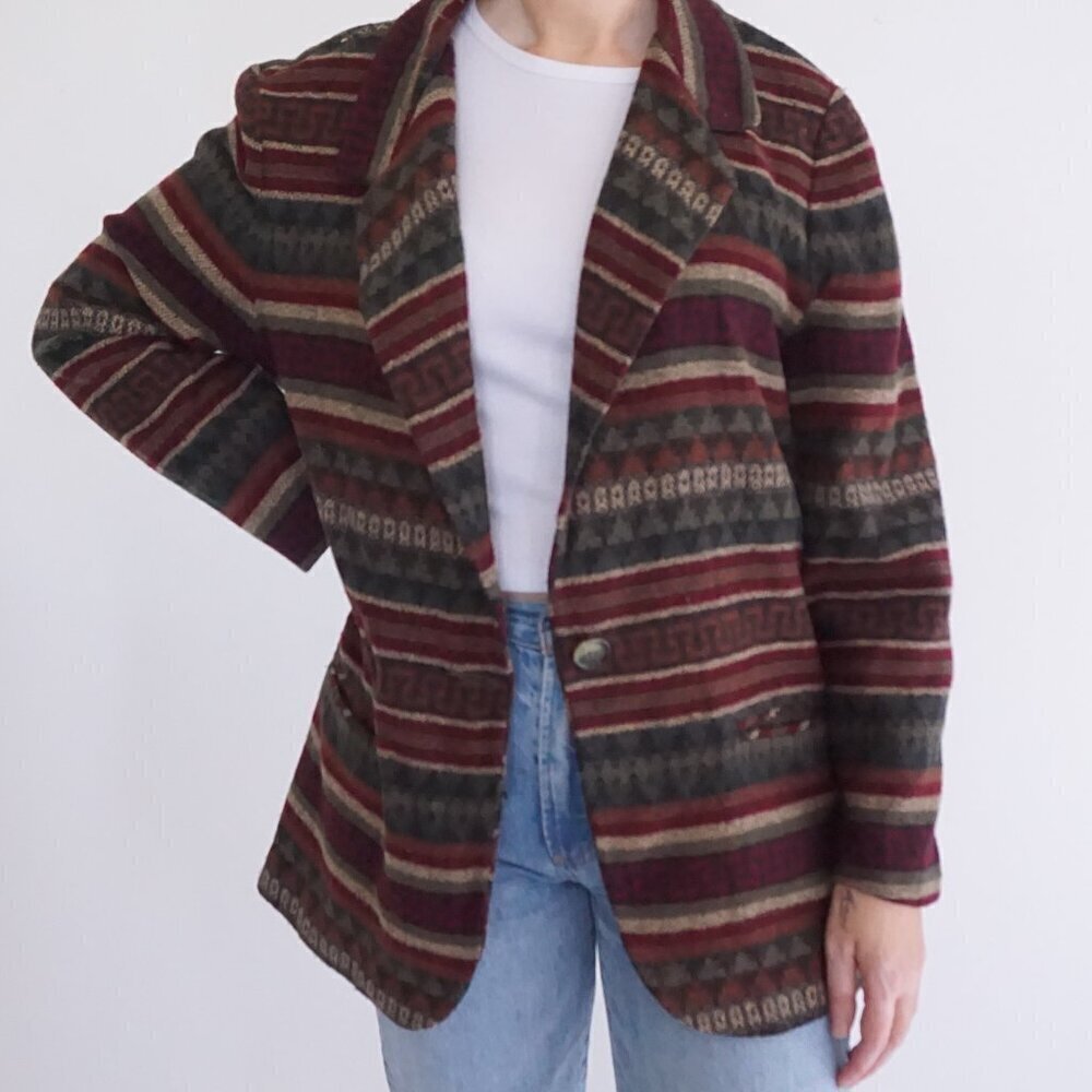 Vintage Casablanca Maroon Beige Stripe Pattern Boho Button Up Blazer 12